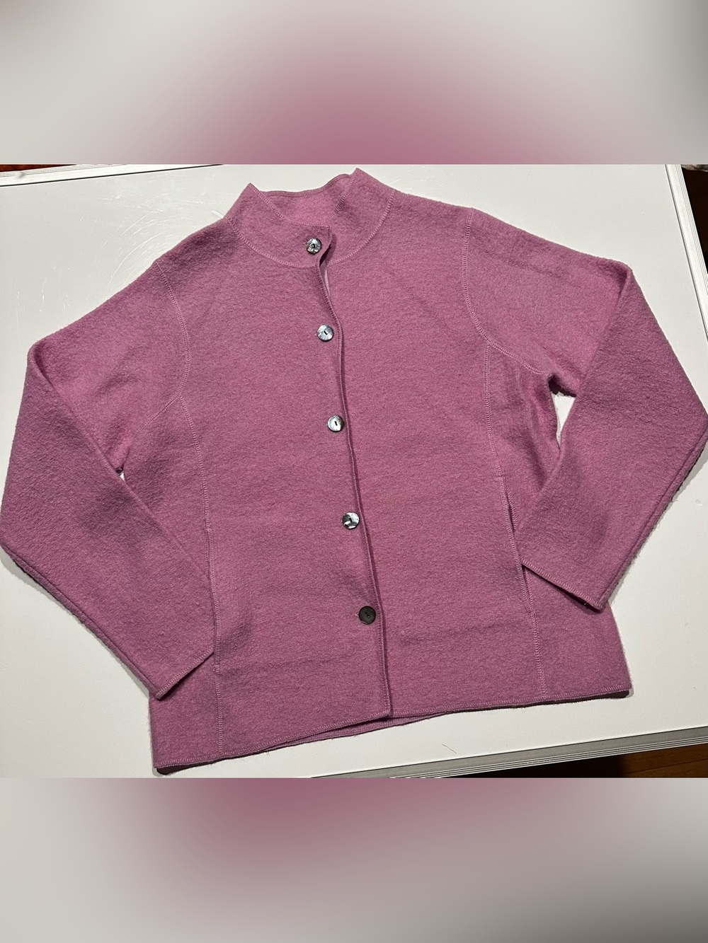 LL Bean Women’s Sz Large Button Up Cardigan Jacket 100% Wool Lilac Classy Vtg